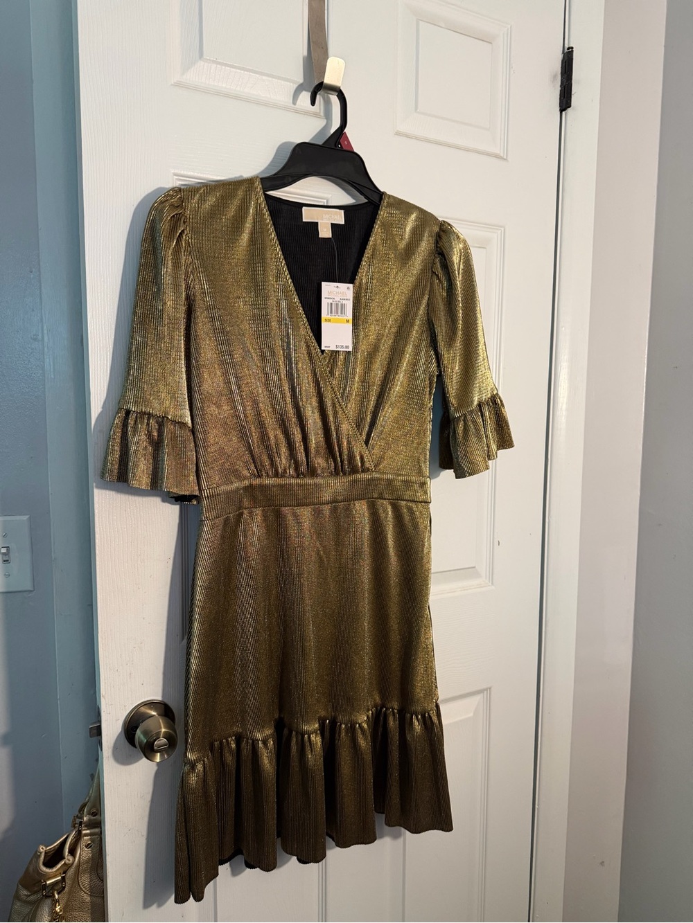 Michael Kors Metallic Gold V neck Dress with Ruffle Hem